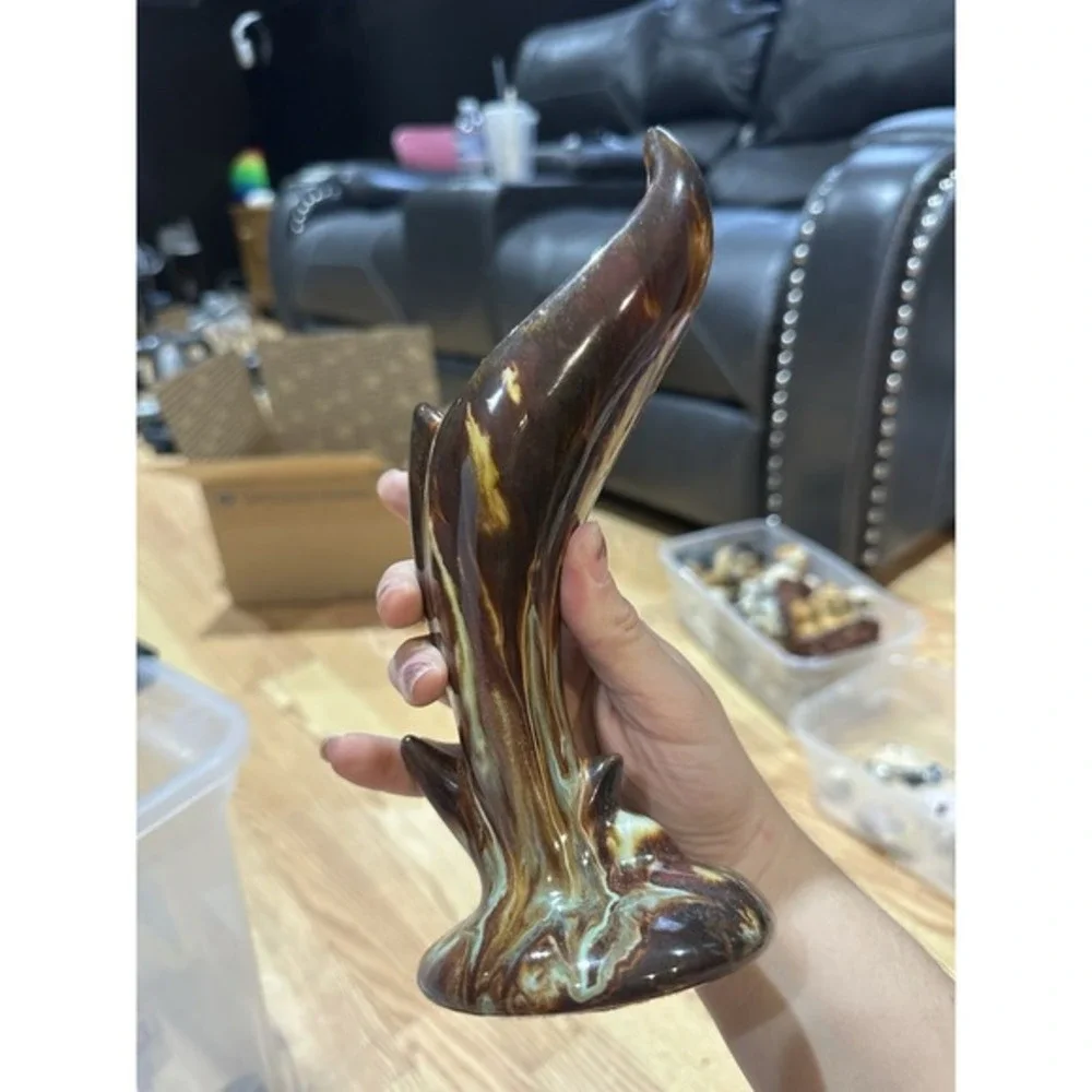 Vintage Van Briggle Inspired‎ Art Pottery Green Brown Drip Bird of Paradise Vase